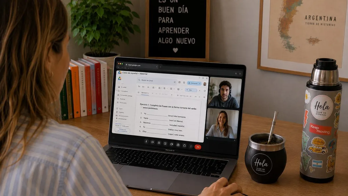 An online Spanish lesson, with a laptop and Hola Club mate on the desk